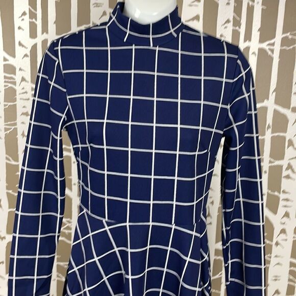 Navy & White Window Pane Plaid Stretch Fit & Flare Mock Neck Dress sz S - Picture 5 of 7